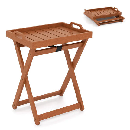 Outdoor Wood Tray Table Portable Side End Table with Folding Frame - Patio Coffee Tables