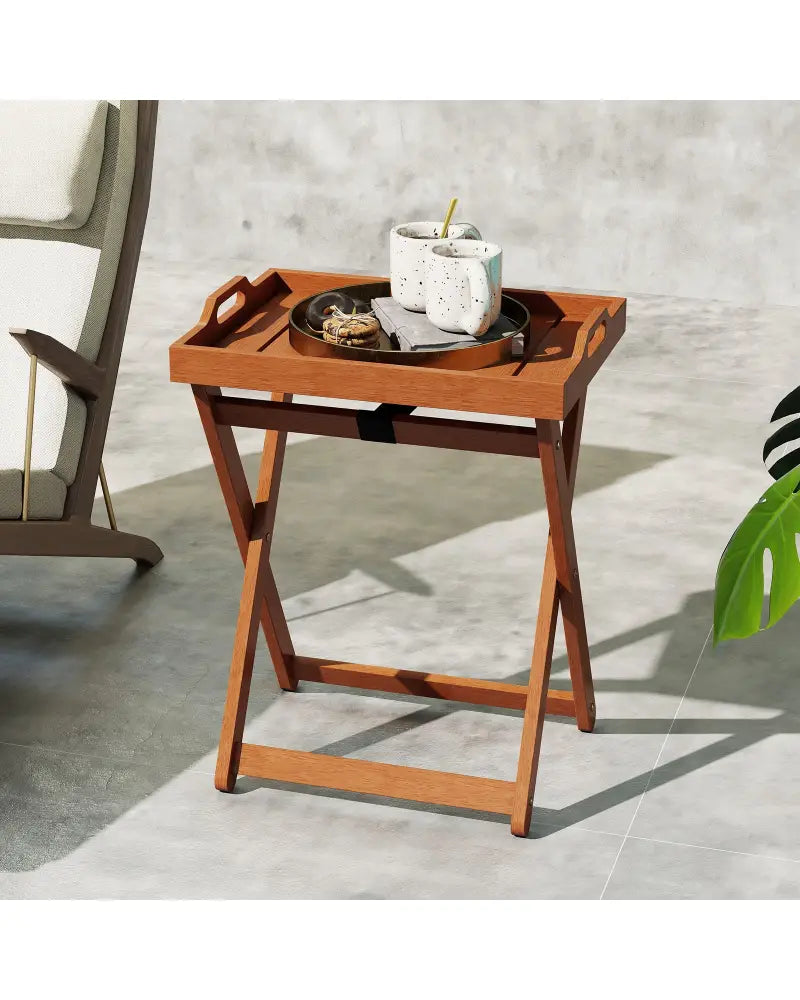Outdoor Wood Tray Table Portable Side End Table with Folding Frame - Patio Coffee Tables
