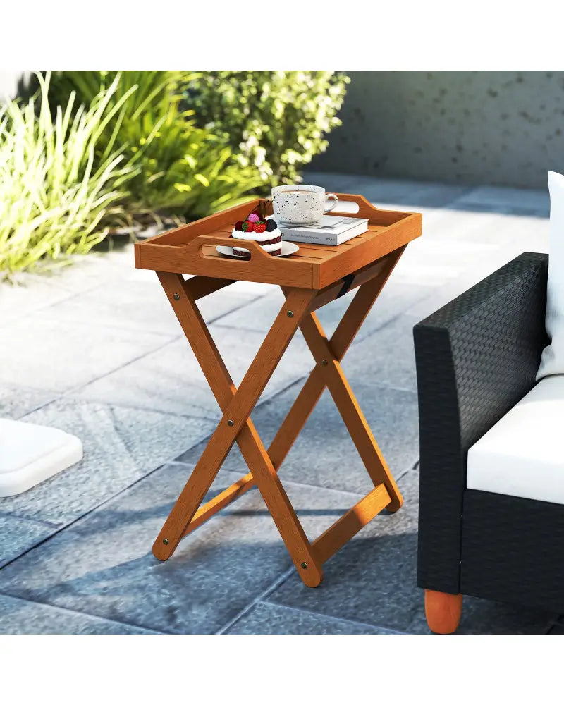 Outdoor Wood Tray Table Portable Side End Table with Folding Frame - Patio Coffee Tables