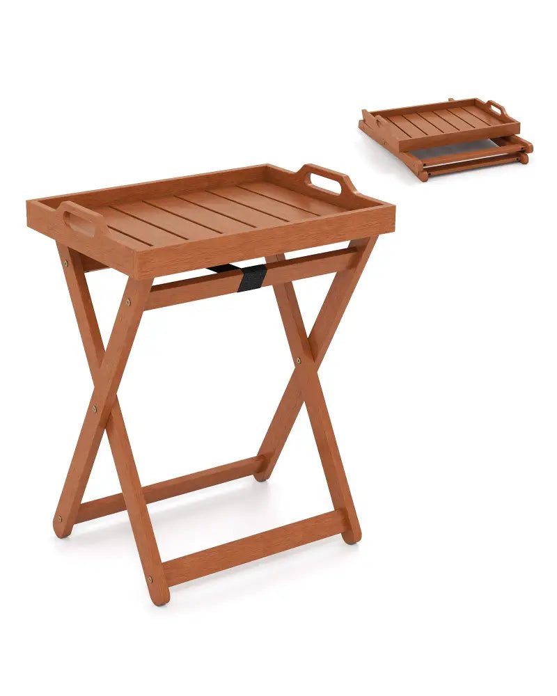 Outdoor Wood Tray Table Portable Side End Table with Folding Frame - Patio Coffee Tables
