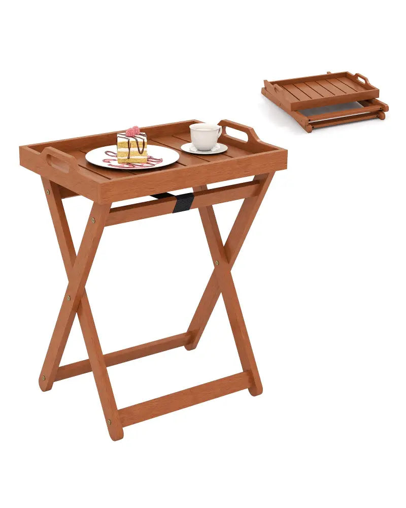 Outdoor Wood Tray Table Portable Side End Table with Folding Frame - Patio Coffee Tables