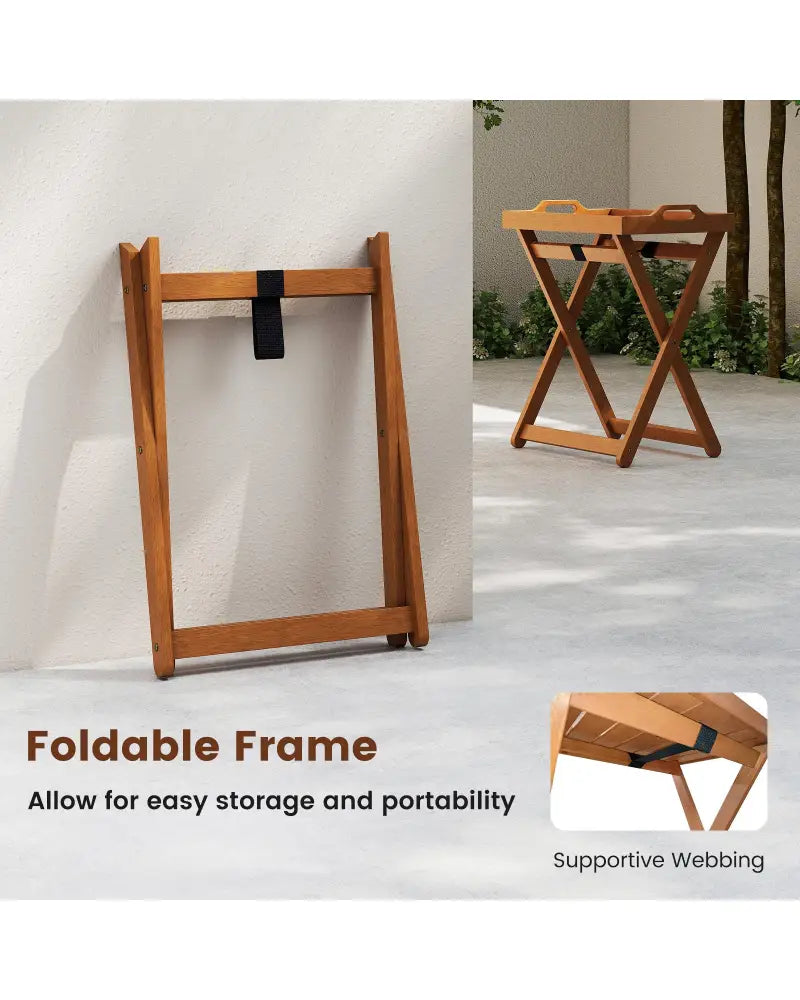 Outdoor Wood Tray Table Portable Side End Table with Folding Frame - Patio Coffee Tables