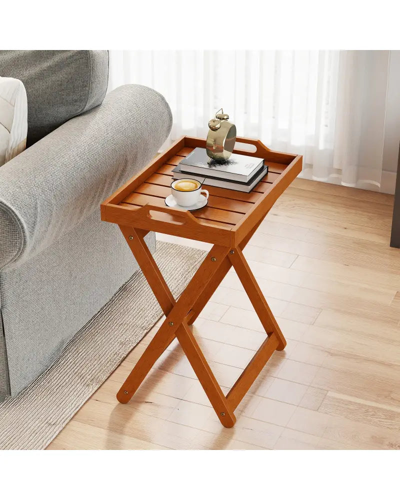 Outdoor Wood Tray Table Portable Side End Table with Folding Frame - Patio Coffee Tables