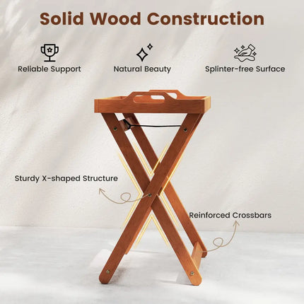Outdoor Wood Tray Table Portable Side End Table with Folding Frame - Patio Coffee Tables