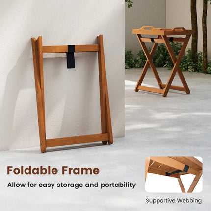 Outdoor Wood Tray Table Portable Side End Table with Folding Frame - Patio Coffee Tables