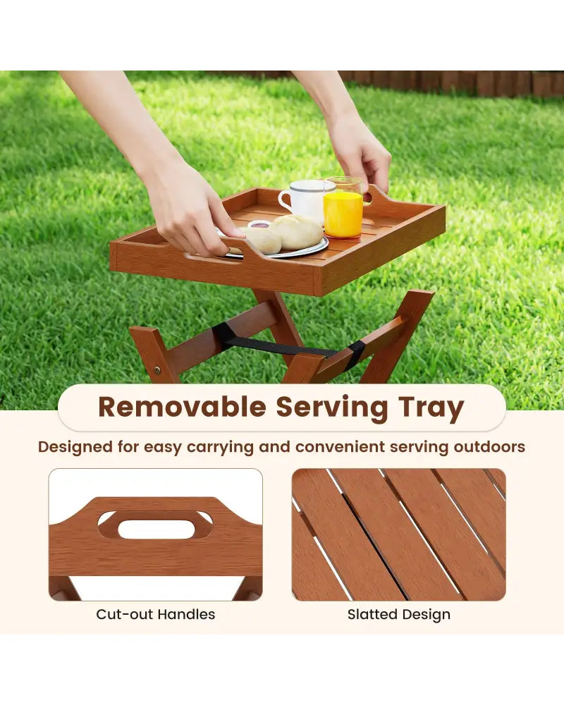 Outdoor Wood Tray Table Portable Side End Table with Folding Frame - Patio Coffee Tables