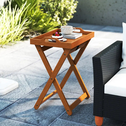 Outdoor Wood Tray Table Portable Side End Table with Folding Frame - Patio Coffee Tables