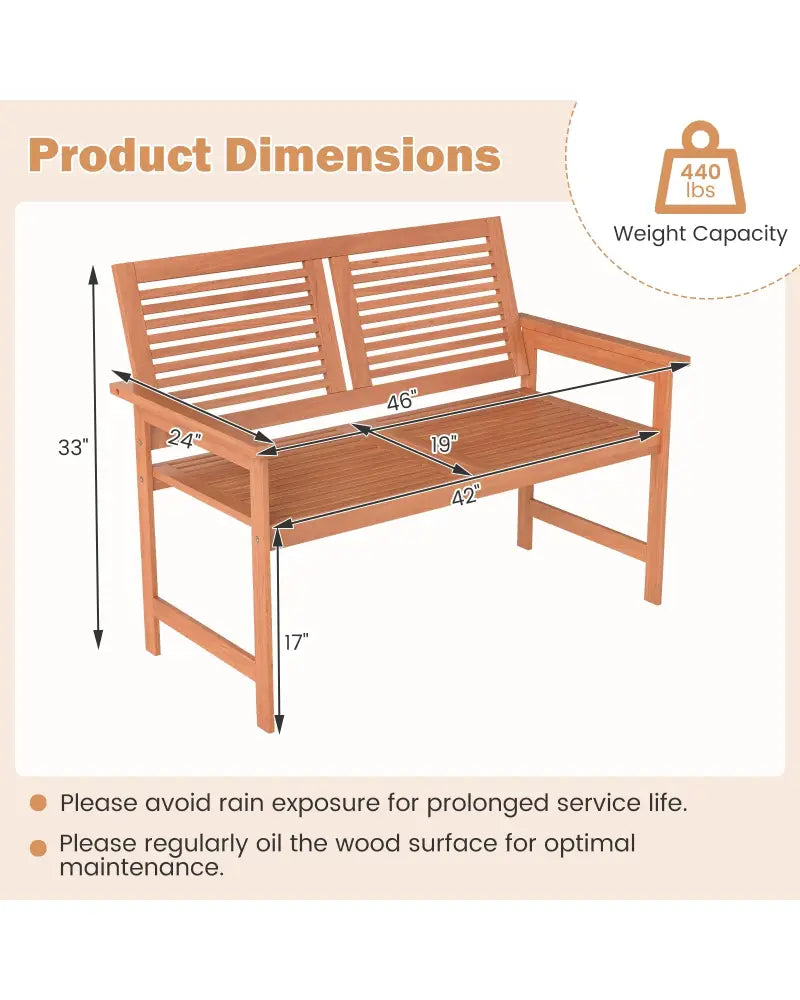 Outdoor Wooden Bench 2-Person Patio Bench with Slatted Backrest and Seat - Natural - Outdoor Benches