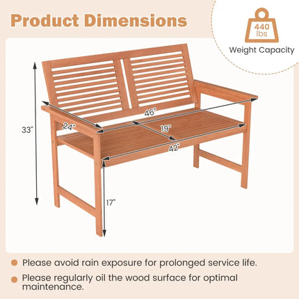 Outdoor Wooden Bench 2-Person Patio Bench with Slatted Backrest and Seat - Natural - Outdoor Benches