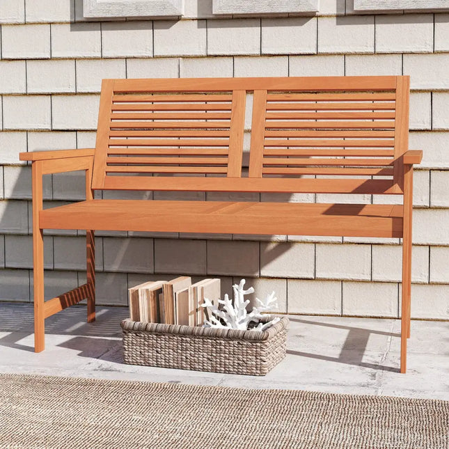 Outdoor Wooden Bench 2-Person Patio Bench with Slatted Backrest and Seat - Natural - Outdoor Benches
