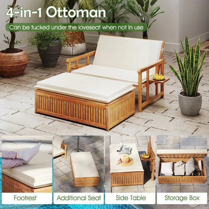 Outdoor Wooden Daybed with 4-Level Backrest and Removable Cushions-White - White - Outdoor Chaise Lounges