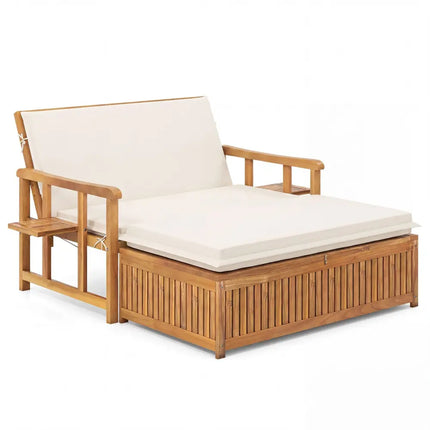 Outdoor Wooden Daybed with 4-Level Backrest and Removable Cushions-White - White - Outdoor Chaise Lounges