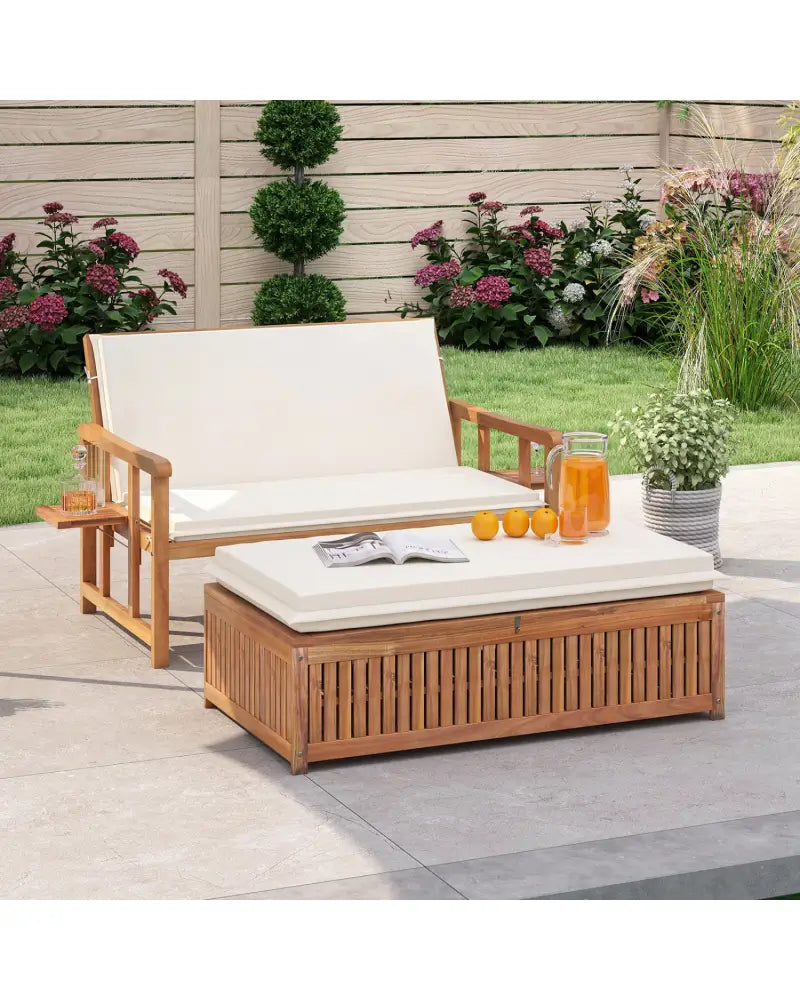 Outdoor Wooden Daybed with 4-Level Backrest and Removable Cushions-White - White - Outdoor Chaise Lounges