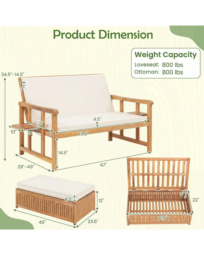 Outdoor Wooden Daybed with 4-Level Backrest and Removable Cushions-White - White - Outdoor Chaise Lounges