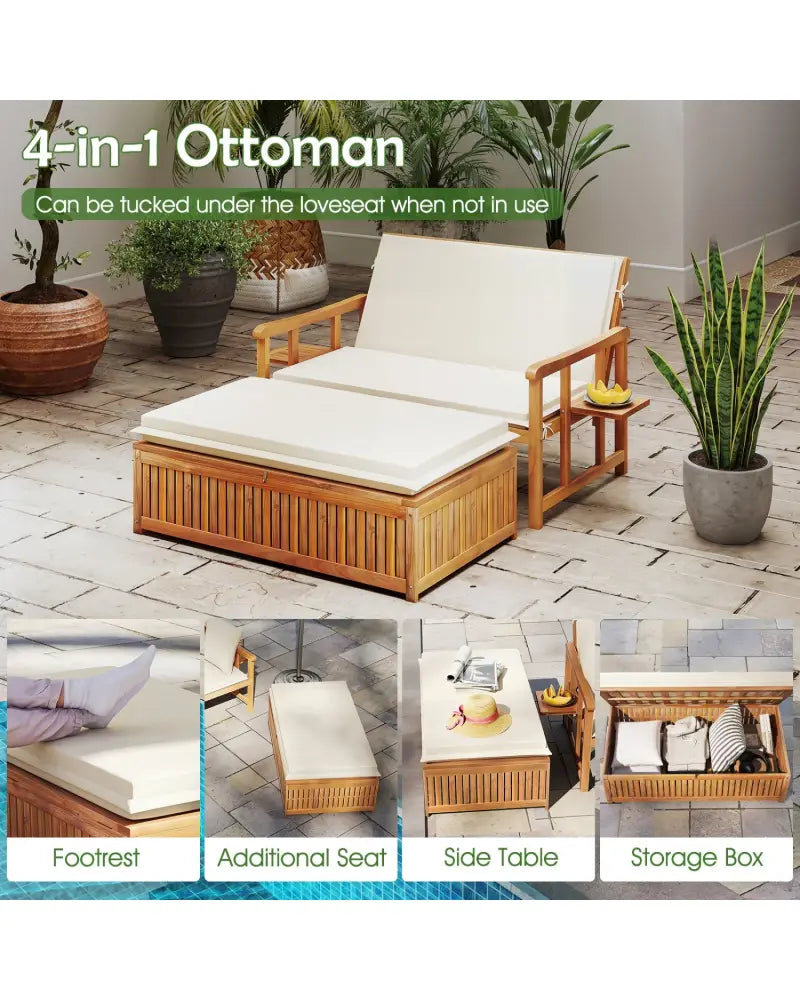 Outdoor Wooden Daybed with 4-Level Backrest and Removable Cushions-White - White - Outdoor Chaise Lounges