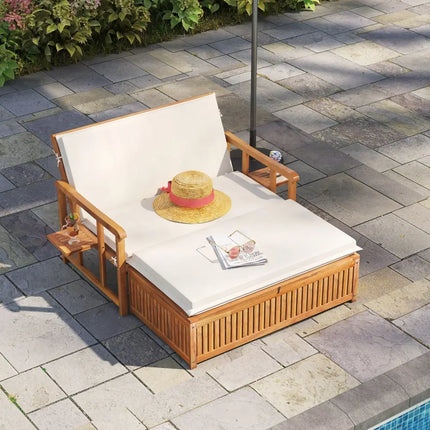Outdoor Wooden Daybed with 4-Level Backrest and Removable Cushions-White - White - Outdoor Chaise Lounges