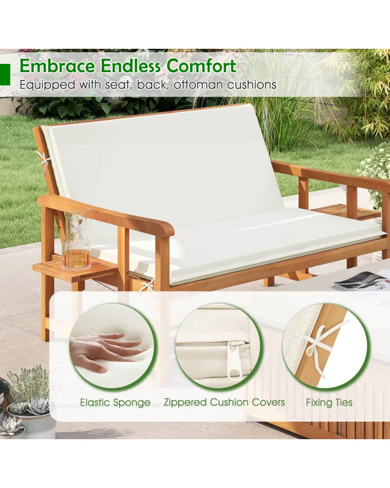 Outdoor Wooden Daybed with 4-Level Backrest and Removable Cushions-White - White - Outdoor Chaise Lounges