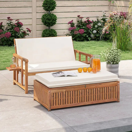 Outdoor Wooden Daybed with 4-Level Backrest and Removable Cushions-White - White - Outdoor Chaise Lounges