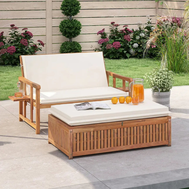 Outdoor Wooden Daybed with 4-Level Backrest and Removable Cushions-White - White - Outdoor Chaise Lounges