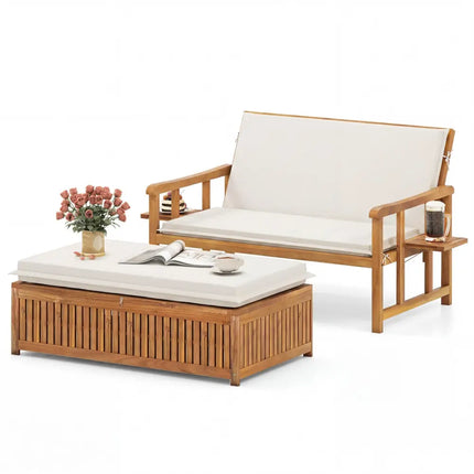 Outdoor Wooden Daybed with 4-Level Backrest and Removable Cushions-White - White - Outdoor Chaise Lounges