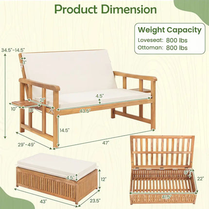 Outdoor Wooden Daybed with 4-Level Backrest and Removable Cushions-White - White - Outdoor Chaise Lounges