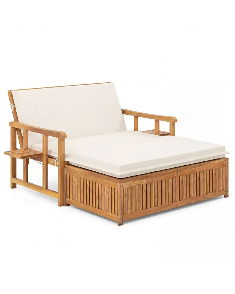 Outdoor Wooden Daybed with 4-Level Backrest and Removable Cushions-White - White - Outdoor Chaise Lounges