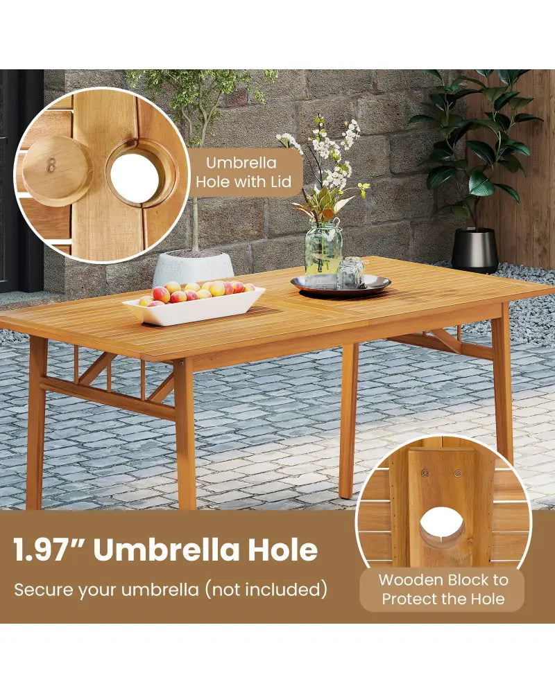 Outdoor Wooden Dining Table with Umbrella Hole and Stable Base - Natural - Patio Dining Tables