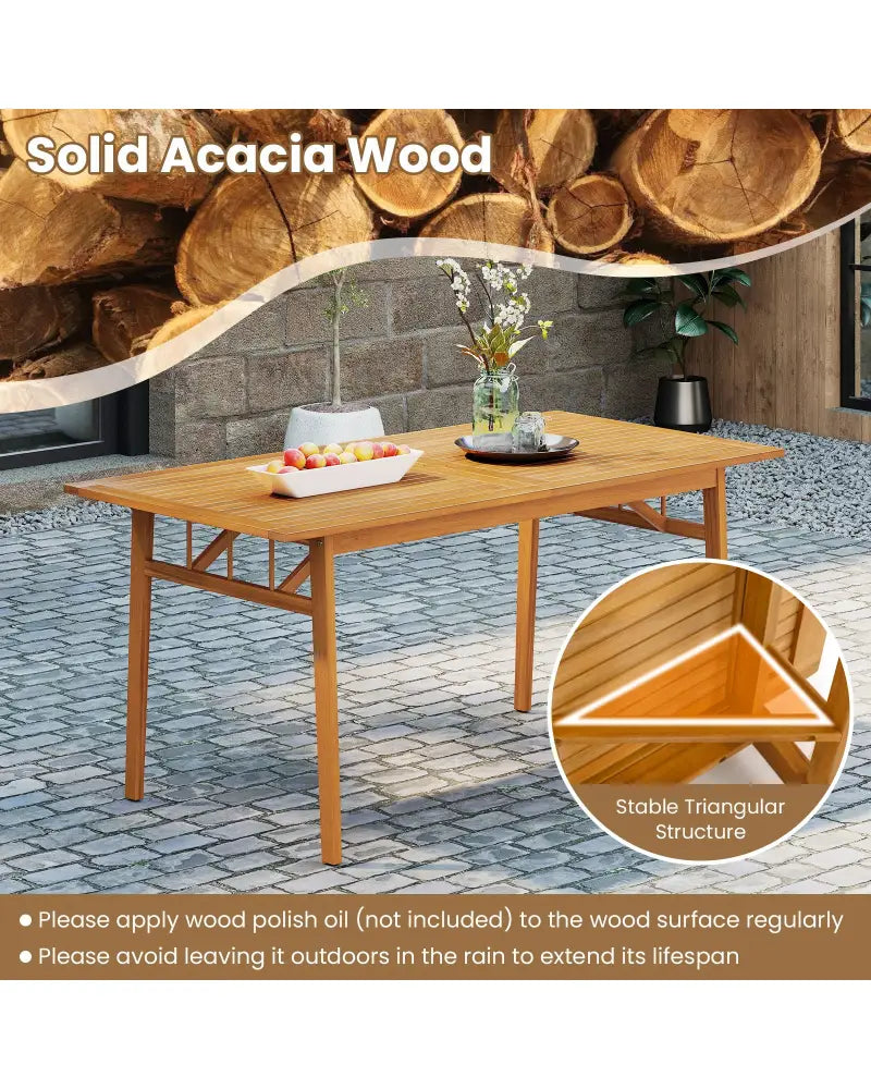 Outdoor Wooden Dining Table with Umbrella Hole and Stable Base - Natural - Patio Dining Tables