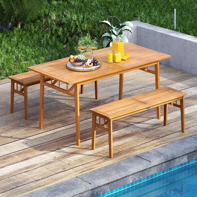 Outdoor Wooden Dining Table with Umbrella Hole and Stable Base - Natural - Patio Dining Tables