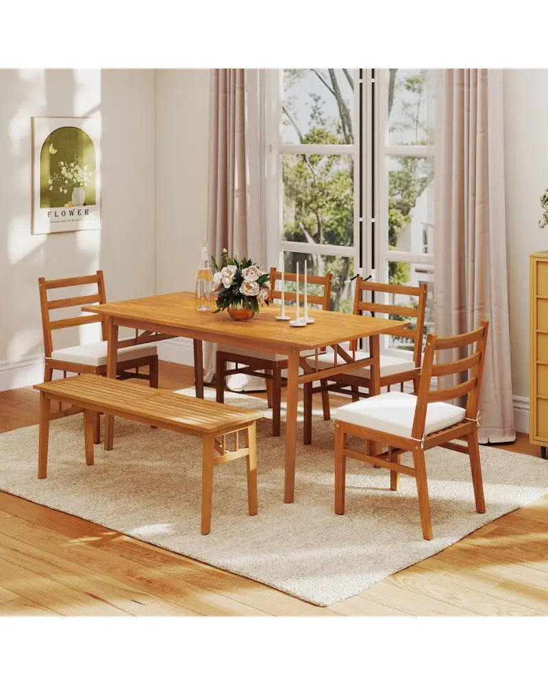 Outdoor Wooden Dining Table with Umbrella Hole and Stable Base - Natural - Patio Dining Tables