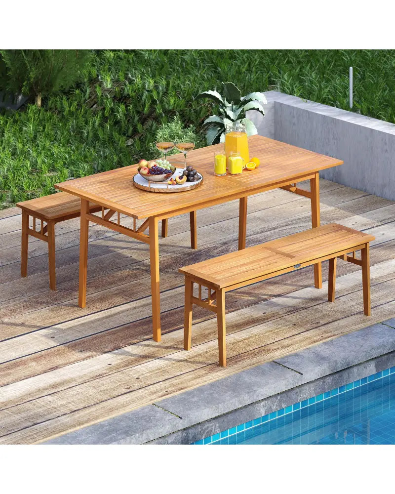 Outdoor Wooden Dining Table with Umbrella Hole and Stable Base - Natural - Patio Dining Tables