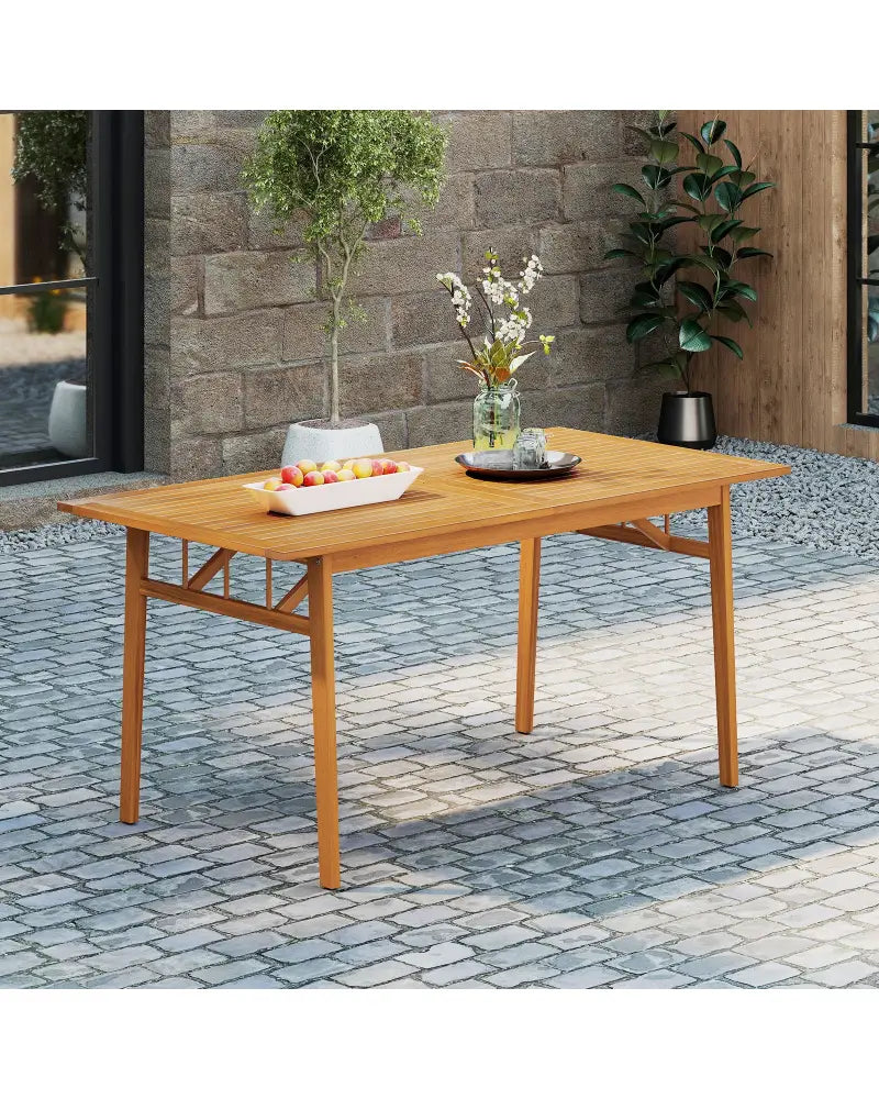 Outdoor Wooden Dining Table with Umbrella Hole and Stable Base - Natural - Patio Dining Tables