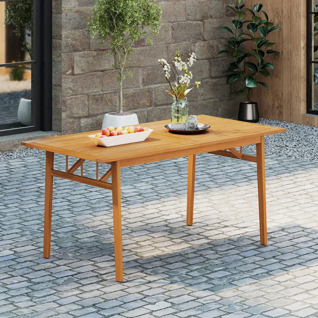 Outdoor Wooden Dining Table with Umbrella Hole and Stable Base - Natural - Patio Dining Tables