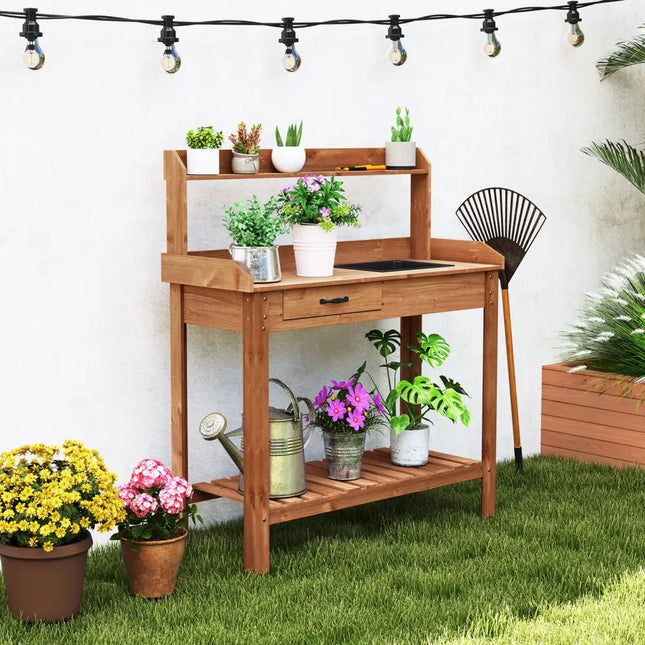 Outdoor Wooden Garden Table Work Station with Storage Shelves and Drawer-Coffee - Coffee - Potting Benches & Tables