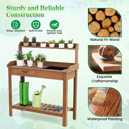 Outdoor Wooden Garden Table Work Station with Storage Shelves and Drawer-Coffee - Coffee - Potting Benches & Tables