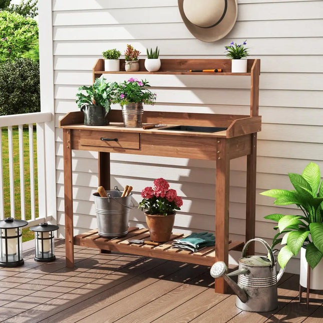 Outdoor Wooden Garden Table Work Station with Storage Shelves and Drawer-Coffee - Coffee - Potting Benches & Tables