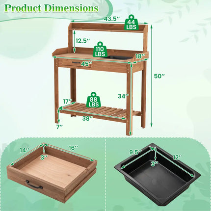 Outdoor Wooden Garden Table Work Station with Storage Shelves and Drawer-Coffee - Coffee - Potting Benches & Tables