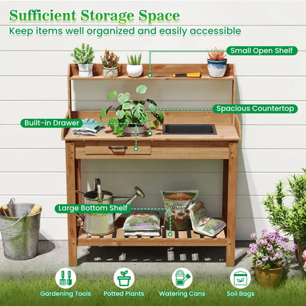 Outdoor Wooden Garden Table Work Station with Storage Shelves and Drawer-Coffee - Coffee - Potting Benches & Tables