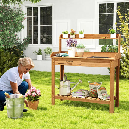 Outdoor Wooden Garden Table Work Station with Storage Shelves and Drawer-Coffee - Coffee - Potting Benches & Tables
