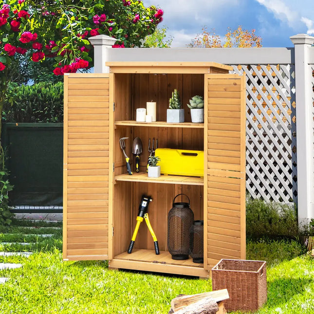 Outdoor Wooden Garden Tool Storage Cabinet-Natural - Natural - Sheds & Outdoor Storage