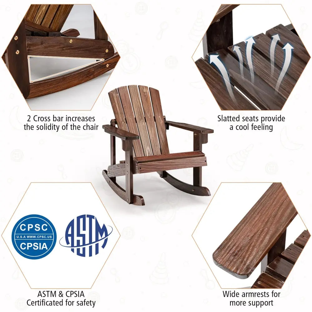 Outdoor Wooden Kid Adirondack Rocking Chair with Slatted Seat-Coffee - Coffee - Kids Chairs & Seating