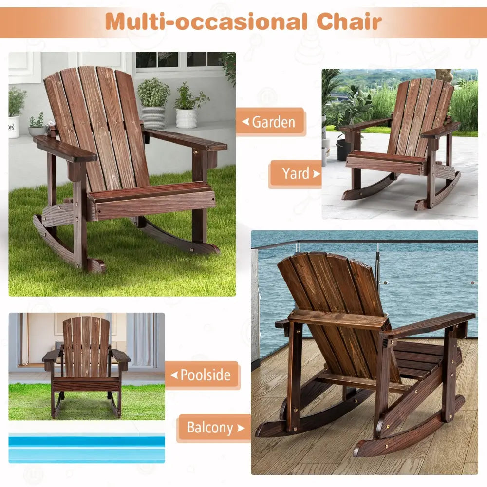 Outdoor Wooden Kid Adirondack Rocking Chair with Slatted Seat-Coffee - Coffee - Kids Chairs & Seating