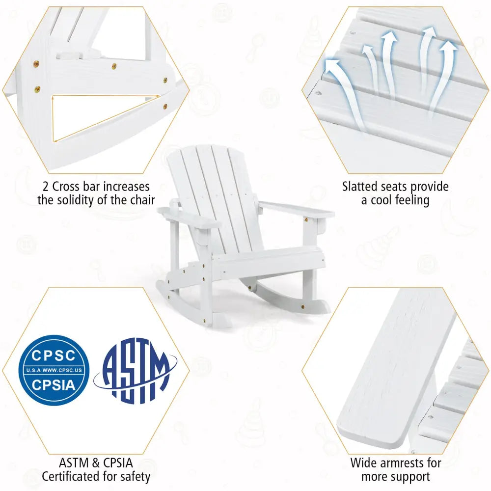 Outdoor Wooden Kid Adirondack Rocking Chair with Slatted Seat-White - White - Kids Chairs & Seating