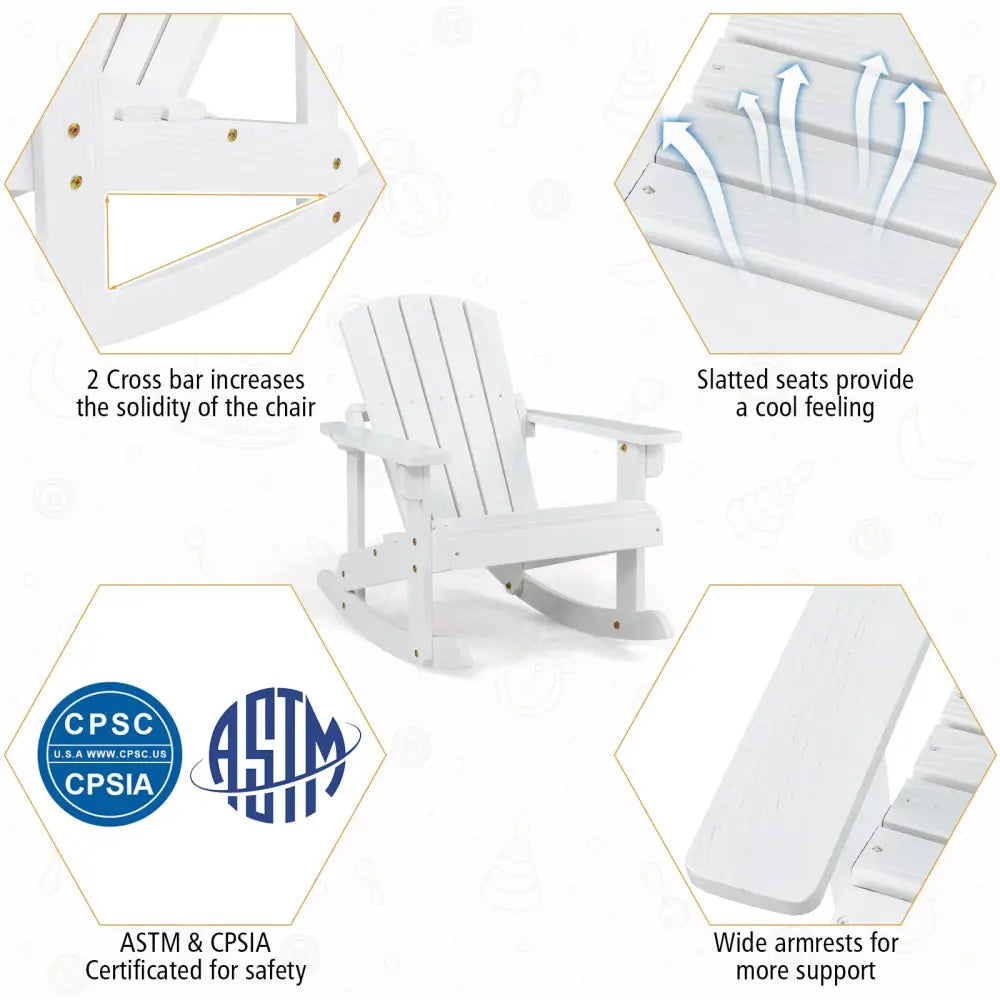 Outdoor Wooden Kid Adirondack Rocking Chair with Slatted Seat-White - White - Kids Chairs & Seating