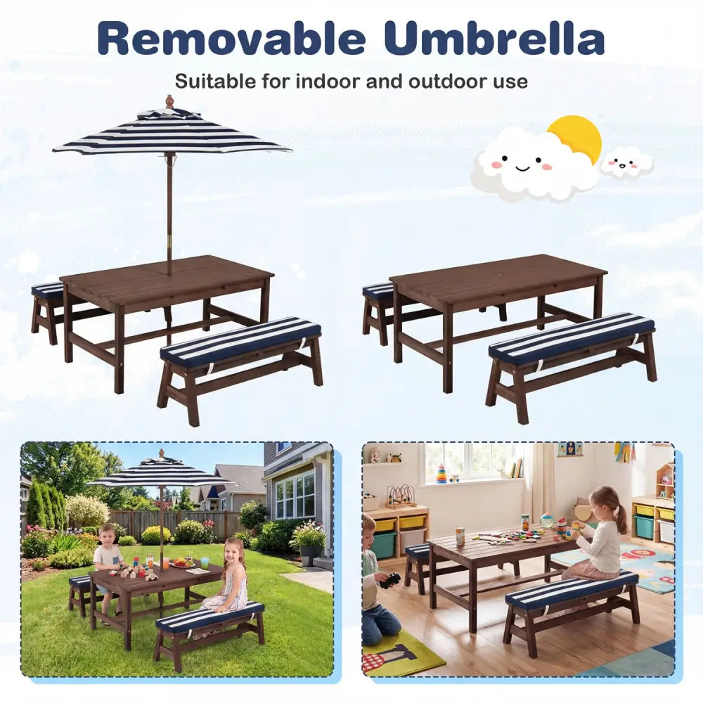 Outdoor Wooden Kids Picnic Table with Removable Umbrella and Cushions-Blue - Blue - Kids Table & Chair Sets