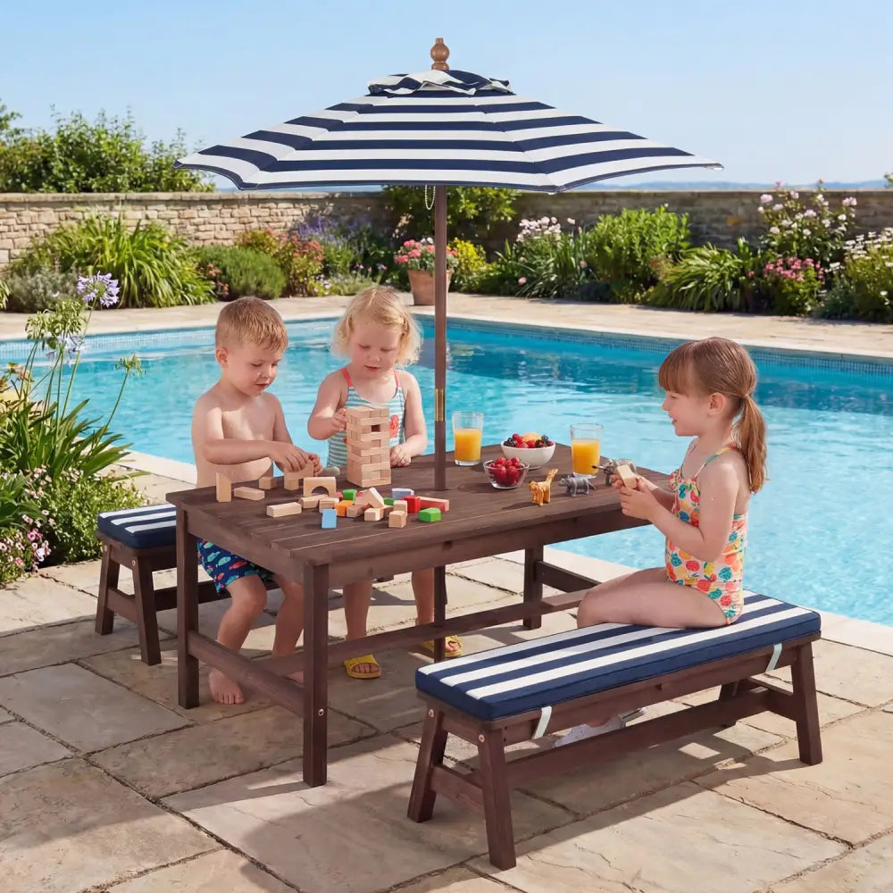Outdoor Wooden Kids Picnic Table with Removable Umbrella and Cushions-Blue - Blue - Kids Table & Chair Sets