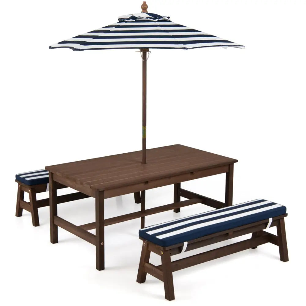 Outdoor Wooden Kids Picnic Table with Removable Umbrella and Cushions-Blue - Blue - Kids Table & Chair Sets