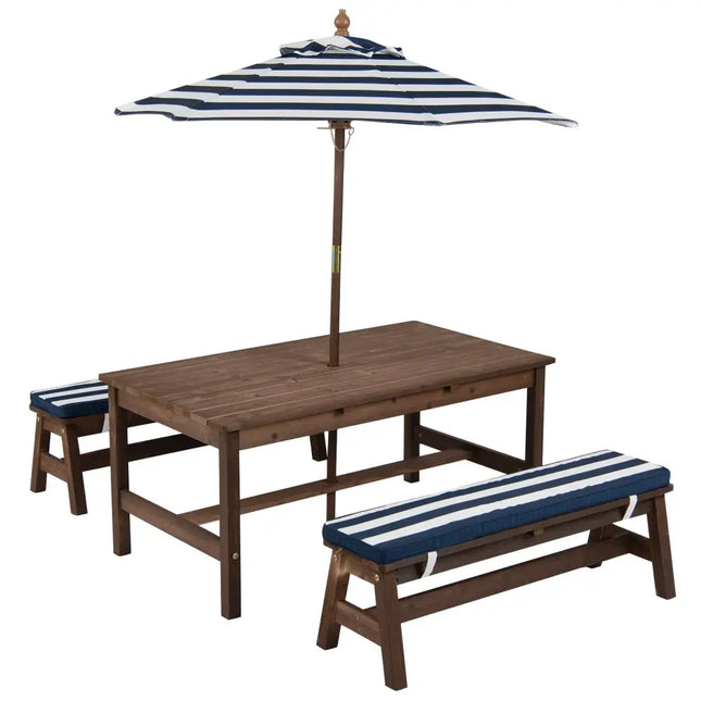 Outdoor Wooden Kids Picnic Table with Removable Umbrella and Cushions-Blue - Kids Table & Chair Sets