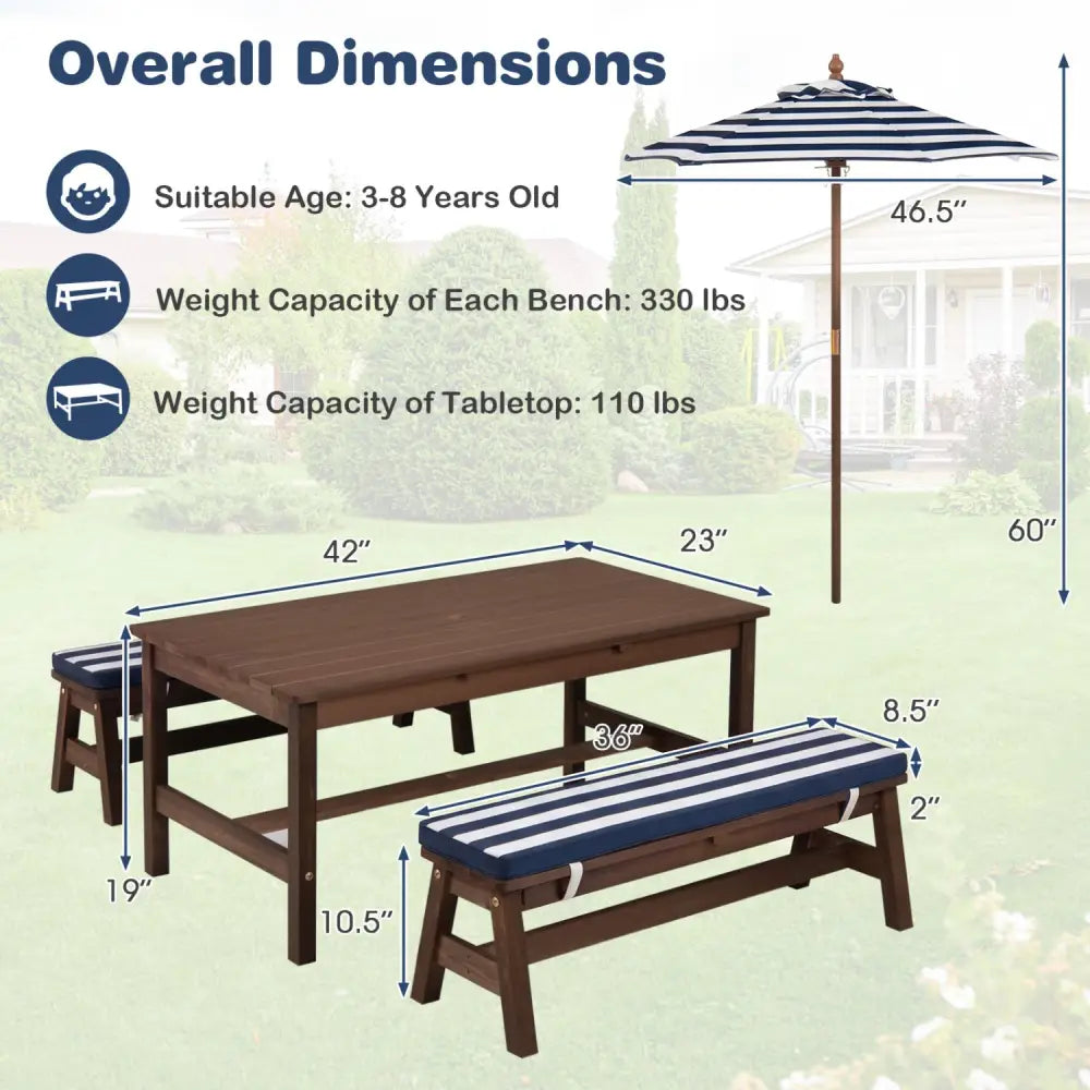 Outdoor Wooden Kids Picnic Table with Removable Umbrella and Cushions-Blue - Blue - Kids Table & Chair Sets