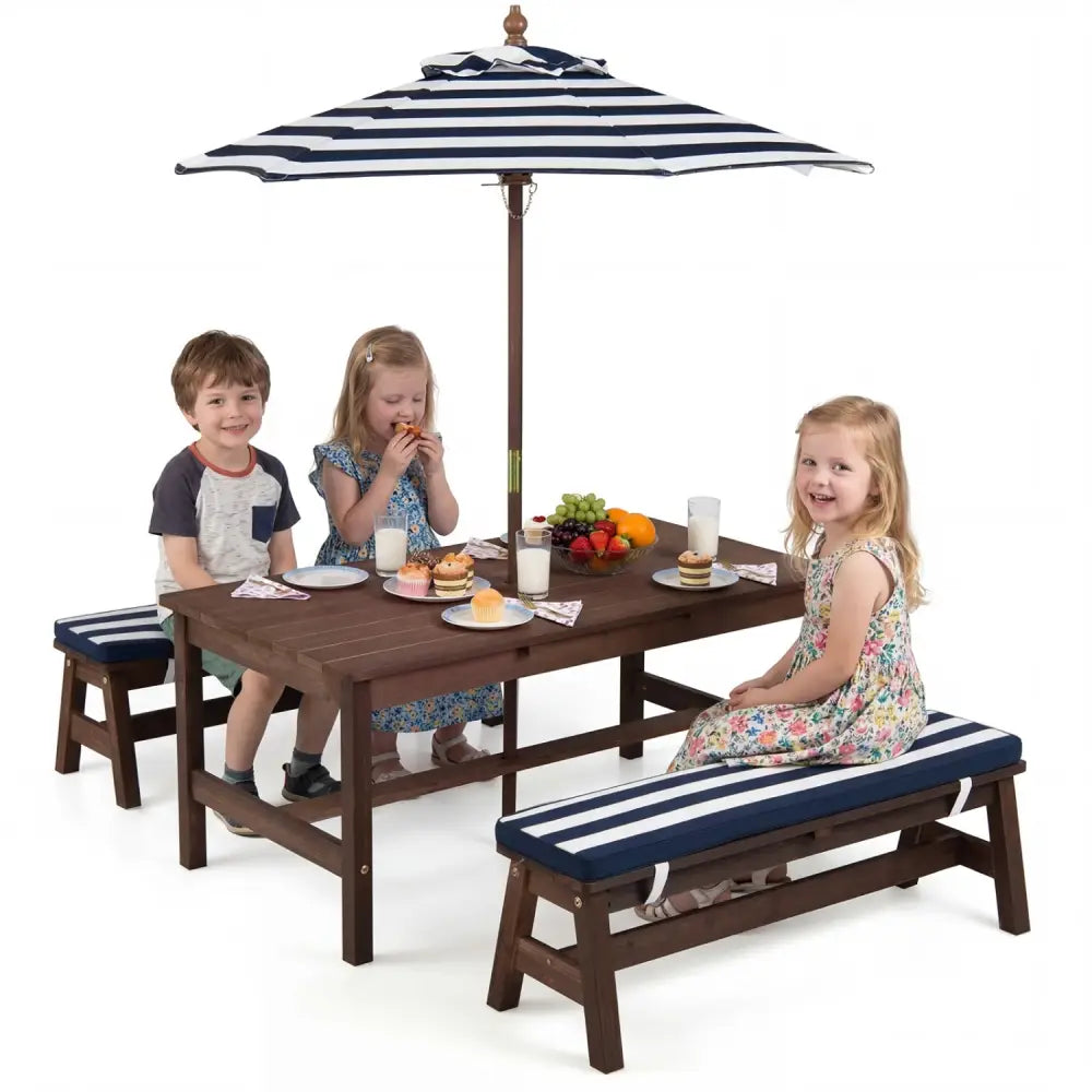 Outdoor Wooden Kids Picnic Table with Removable Umbrella and Cushions-Blue - Blue - Kids Table & Chair Sets